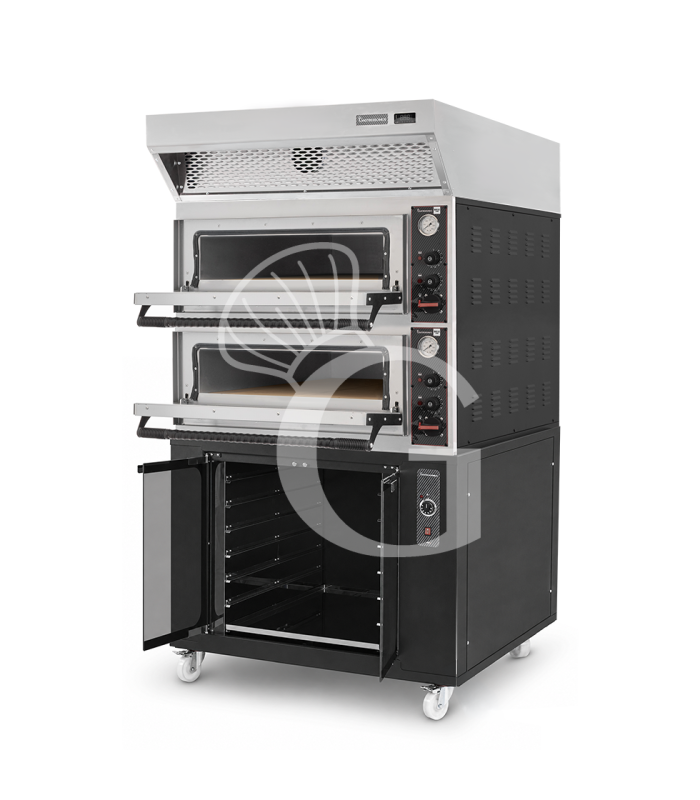 Forno pizza elettrico meccanico 4 + 4 pizze Ø 320 mm - 9,4 KW, cappa a condensazione inox e cella di lievitazione nera
