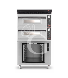 Forno pizza elettrico meccanico 4 + 4 pizze Ø 320 mm - 9,4 KW, cappa nera e cella di lievitazione inox