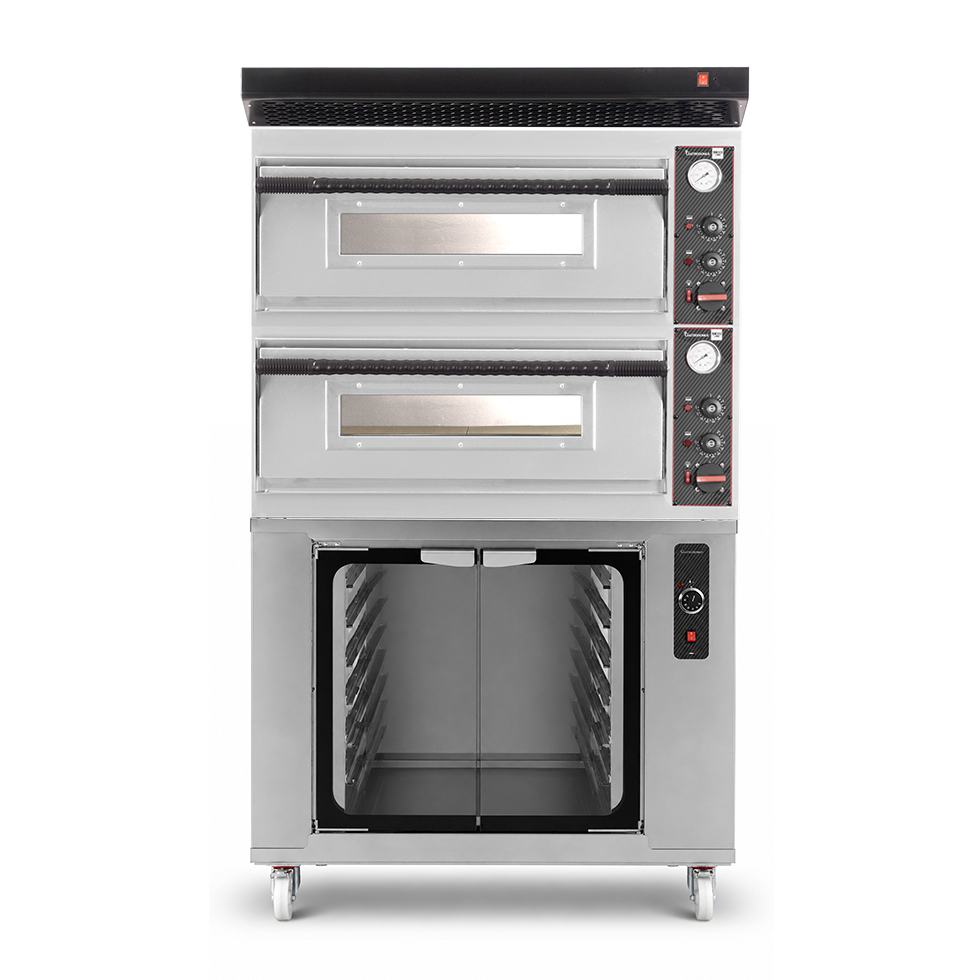 Forno pizza elettrico meccanico 4 + 4 pizze Ø 320 mm - 9,4 KW, cappa nera e cella di lievitazione inox