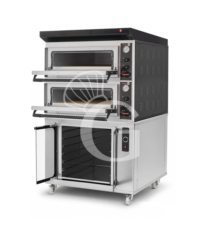 Forno pizza elettrico meccanico 4 + 4 pizze Ø 320 mm - 9,4 KW, cappa nera e cella di lievitazione inox
