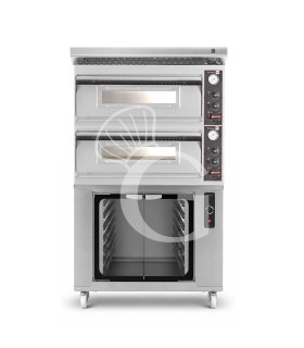 Forno pizza elettrico meccanico 4 + 4 pizze Ø 320 mm - 9,4 KW, cappa inox e cella di lievitazione inox