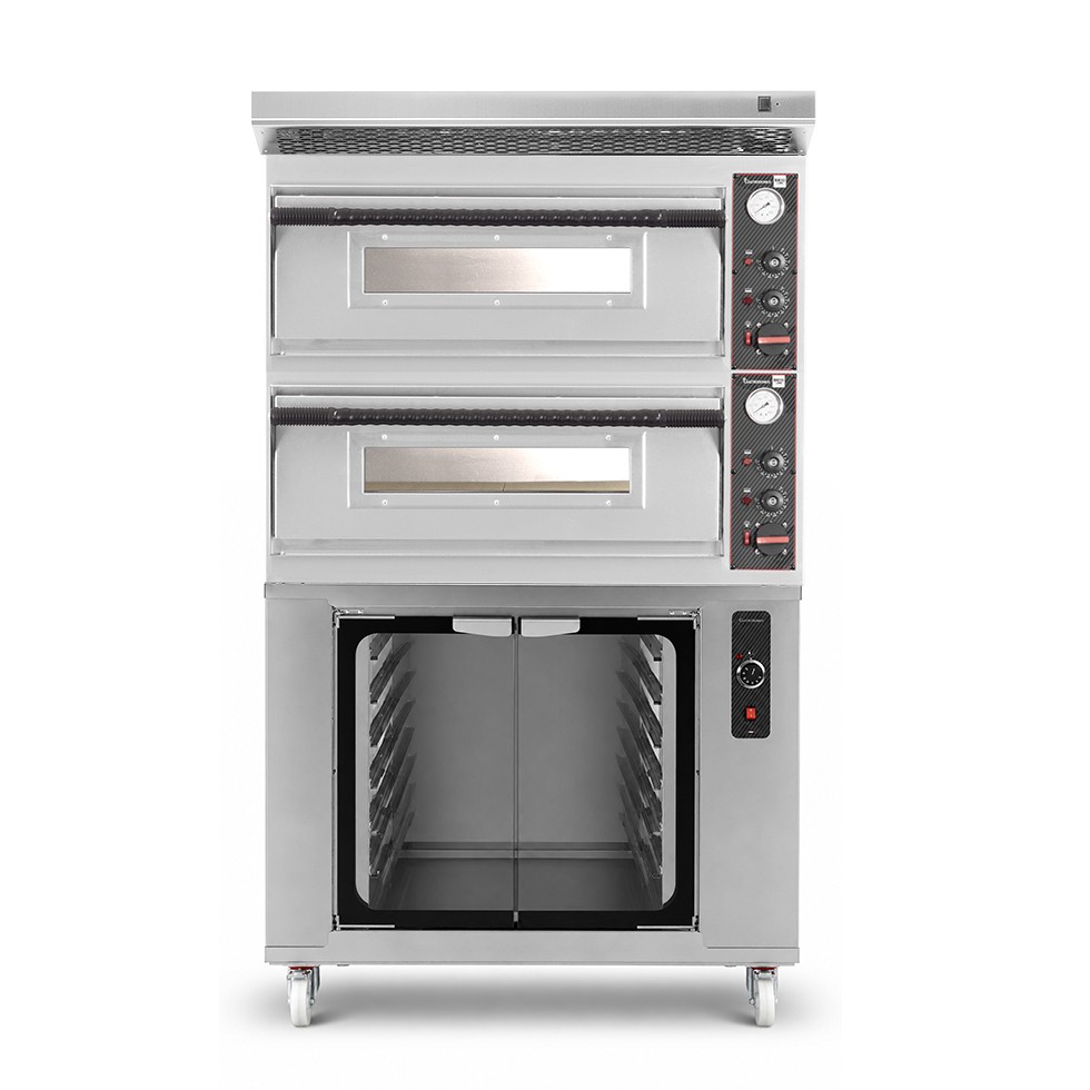 Forno pizza elettrico meccanico 4 + 4 pizze Ø 320 mm - 9,4 KW, cappa inox e cella di lievitazione inox