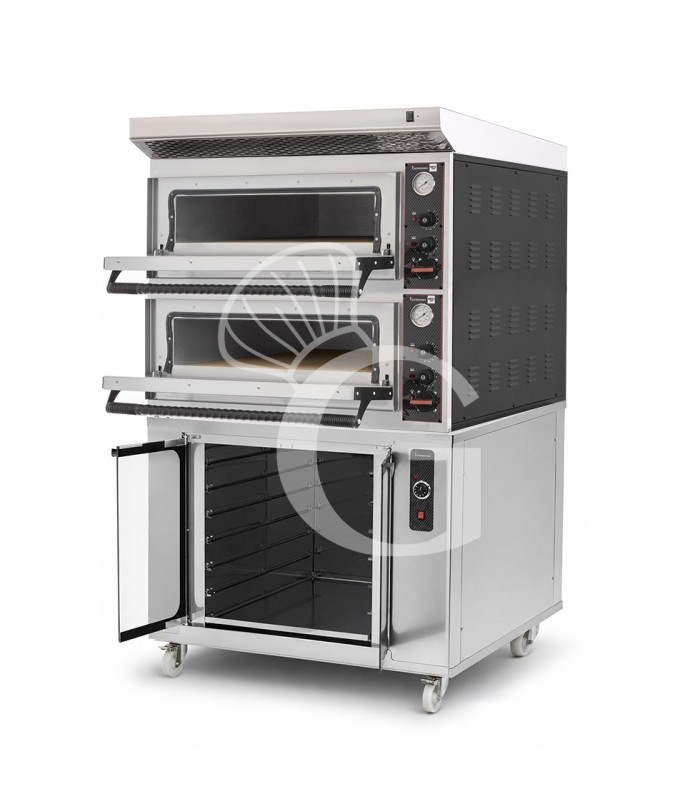 Forno pizza elettrico meccanico 4 + 4 pizze Ø 320 mm - 9,4 KW, cappa inox e cella di lievitazione inox