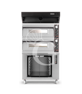 Forno pizza elettrico meccanico 4 + 4 pizze Ø 320 mm - 9,4 KW, cappa a condensazione nera e cella di lievitazione inox