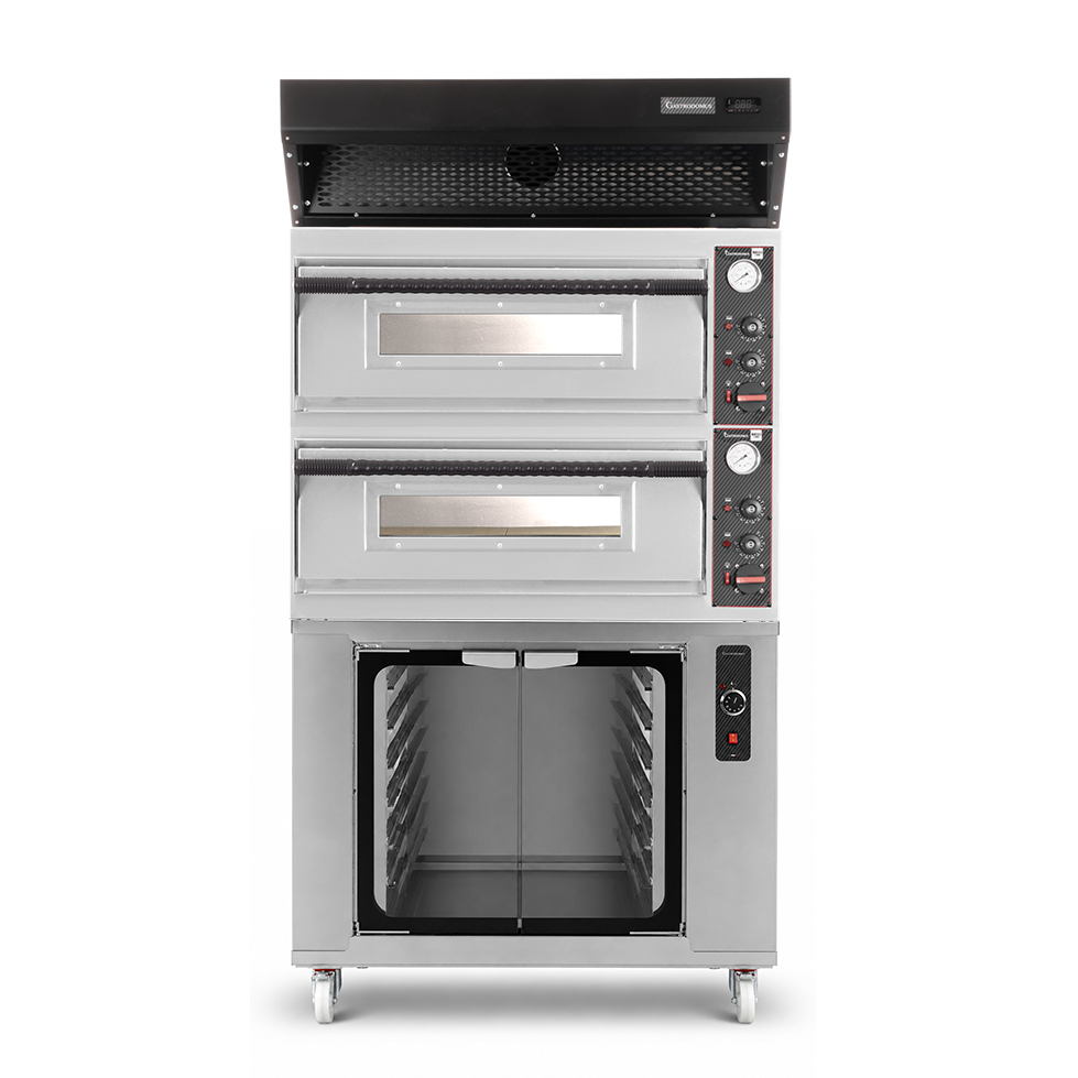 Forno pizza elettrico meccanico 4 + 4 pizze Ø 320 mm - 9,4 KW, cappa a condensazione nera e cella di lievitazione inox