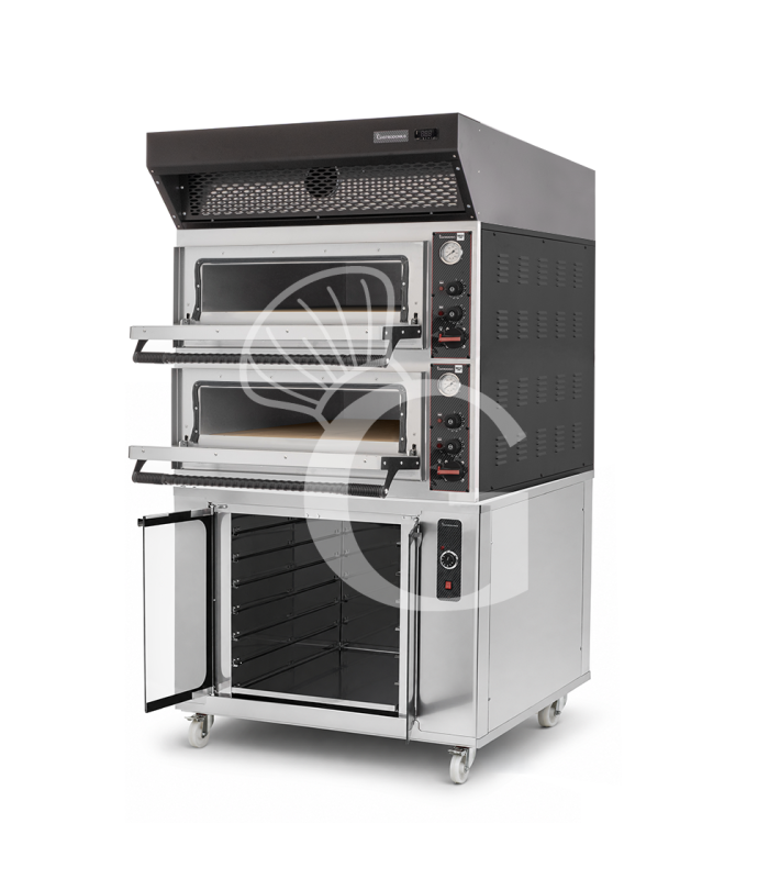 Forno pizza elettrico meccanico 4 + 4 pizze Ø 320 mm - 9,4 KW, cappa a condensazione nera e cella di lievitazione inox