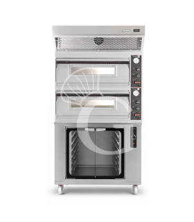 Forno pizza elettrico meccanico 4 + 4 pizze Ø 320 mm - 9,4 KW, cappa a condensazione inox e cella di lievitazione inox
