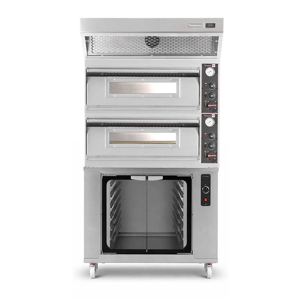 Forno pizza elettrico meccanico 4 + 4 pizze Ø 320 mm - 9,4 KW, cappa a condensazione inox e cella di lievitazione inox
