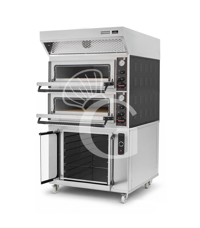 Forno pizza elettrico meccanico 4 + 4 pizze Ø 320 mm - 9,4 KW, cappa a condensazione inox e cella di lievitazione inox