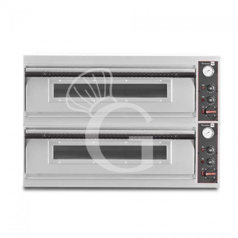 Forno pizza elettrico meccanico 6 + 6 pizze Ø 350 mm - 18 KW, cappa a condensazione nera e cella di lievitazione nera
