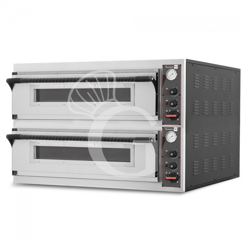 Forno pizza elettrico meccanico 6 + 6 pizze Ø 350 mm - 18 KW, cappa a condensazione nera e cella di lievitazione nera
