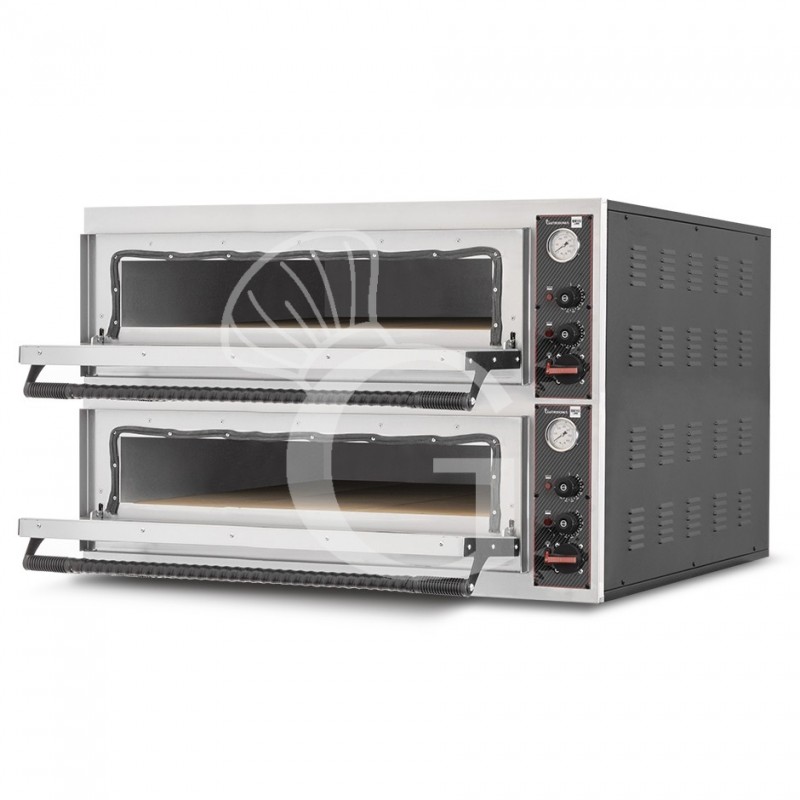 Forno pizza elettrico meccanico 6 + 6 pizze Ø 350 mm - 18 KW, cappa a condensazione nera e cella di lievitazione nera