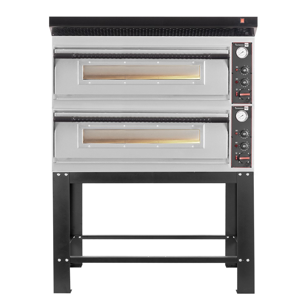 Forno pizza elettrico meccanico 6 + 6 pizze Ø 350 mm - 18 KW, cappa nera e supporto