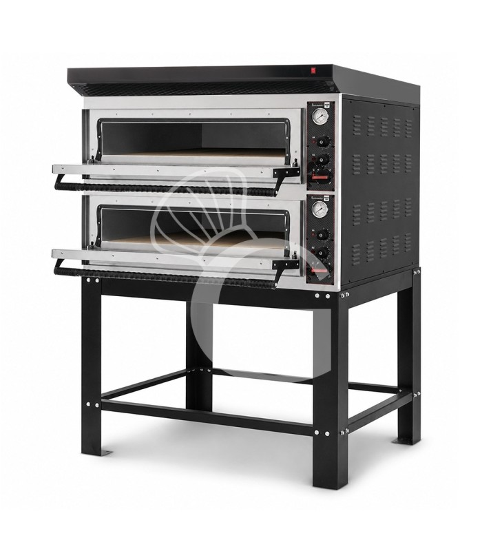 Forno pizza elettrico meccanico 6 + 6 pizze Ø 350 mm - 18 KW, cappa nera e supporto