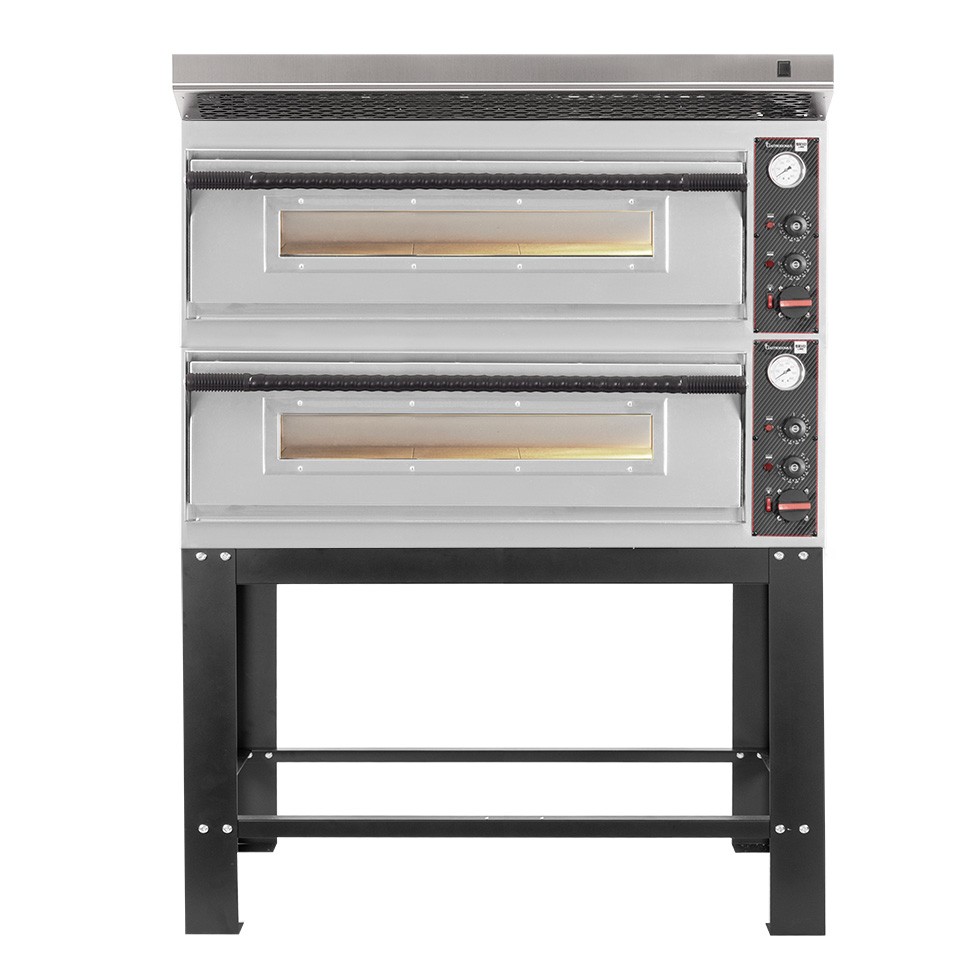 Forno pizza elettrico meccanico 6 + 6 pizze Ø 350 mm - 18 KW, cappa inox e supporto