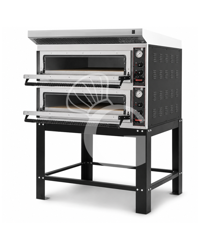 Forno pizza elettrico meccanico 6 + 6 pizze Ø 350 mm - 18 KW, cappa inox e supporto