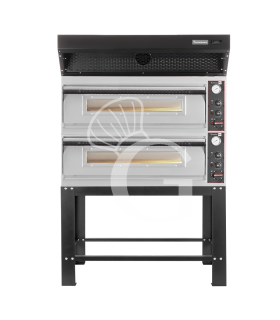 Forno pizza elettrico meccanico 6 + 6 pizze Ø 350 mm - 18 KW, cappa a condensazione nera e supporto