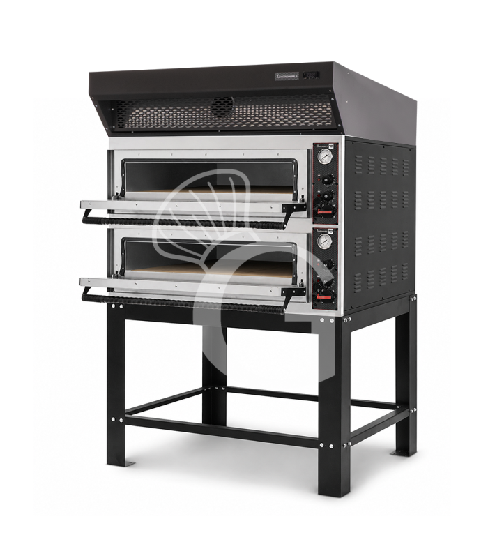 Forno pizza elettrico meccanico 6 + 6 pizze Ø 350 mm - 18 KW, cappa a condensazione nera e supporto