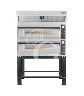 Forno pizza elettrico meccanico 6 + 6 pizze Ø 350 mm - 18 KW, cappa a condensazione inox e supporto