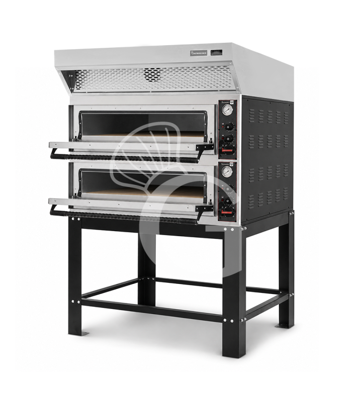Forno pizza elettrico meccanico 6 + 6 pizze Ø 350 mm - 18 KW, cappa a condensazione inox e supporto