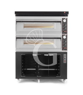 Forno pizza elettrico meccanico 6 + 6 pizze Ø 350 mm - 18 KW, cappa nera e cella di lievitazione nera