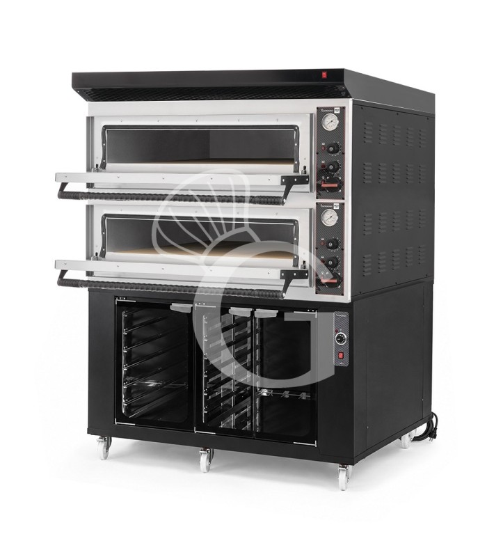 Forno pizza elettrico meccanico 6 + 6 pizze Ø 350 mm - 18 KW, cappa nera e cella di lievitazione nera