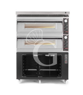 Forno pizza elettrico meccanico 6 + 6 pizze Ø 350 mm - 18 KW, cappa inox e cella di lievitazione nera
