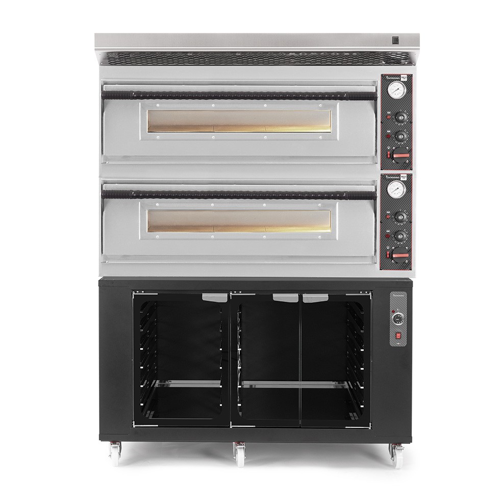 Forno pizza elettrico meccanico 6 + 6 pizze Ø 350 mm - 18 KW, cappa inox e cella di lievitazione nera