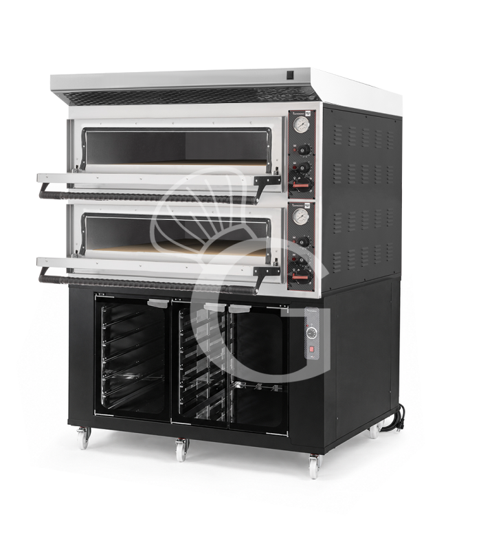 Forno pizza elettrico meccanico 6 + 6 pizze Ø 350 mm - 18 KW, cappa inox e cella di lievitazione nera