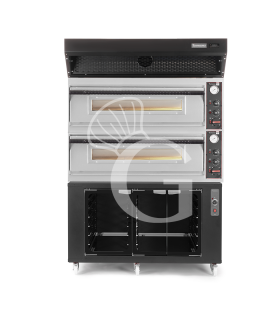 Forno pizza elettrico meccanico 6 + 6 pizze Ø 350 mm - 18 KW, cappa a condensazione nera e cella di lievitazione nera