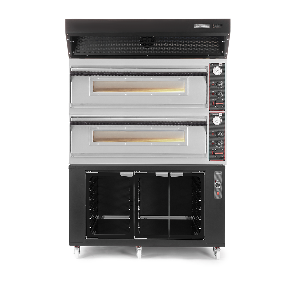 Forno pizza elettrico meccanico 6 + 6 pizze Ø 350 mm - 18 KW, cappa a condensazione nera e cella di lievitazione nera