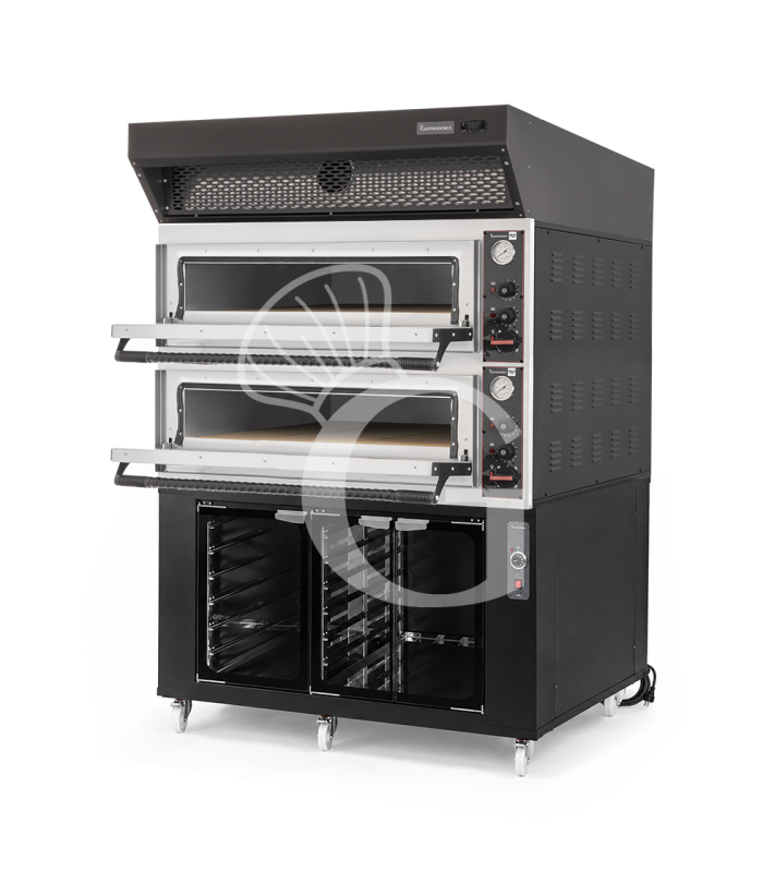 Forno pizza elettrico meccanico 6 + 6 pizze Ø 350 mm - 18 KW, cappa a condensazione nera e cella di lievitazione nera