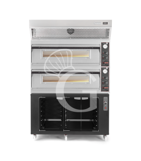Forno pizza elettrico meccanico 6 + 6 pizze Ø 350 mm - 18 KW, cappa a condensazione inox e cella di lievitazione nera