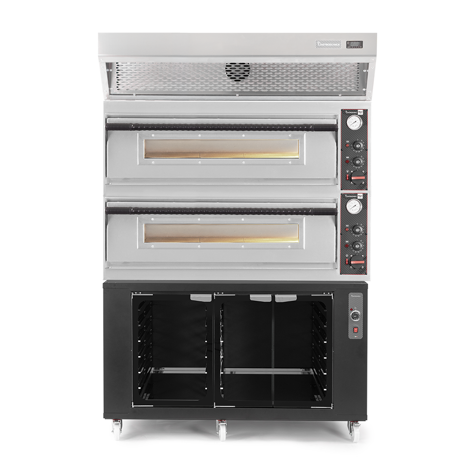 Forno pizza elettrico meccanico 6 + 6 pizze Ø 350 mm - 18 KW, cappa a condensazione inox e cella di lievitazione nera