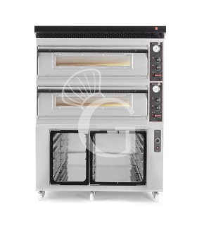 Forno pizza elettrico meccanico 6 + 6 pizze Ø 350 mm - 18 KW, cappa nera e cella di lievitazione inox
