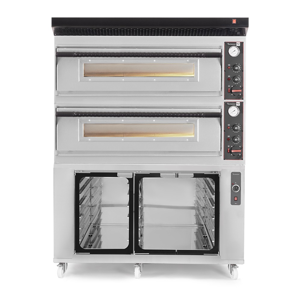 Forno pizza elettrico meccanico 6 + 6 pizze Ø 350 mm - 18 KW, cappa nera e cella di lievitazione inox