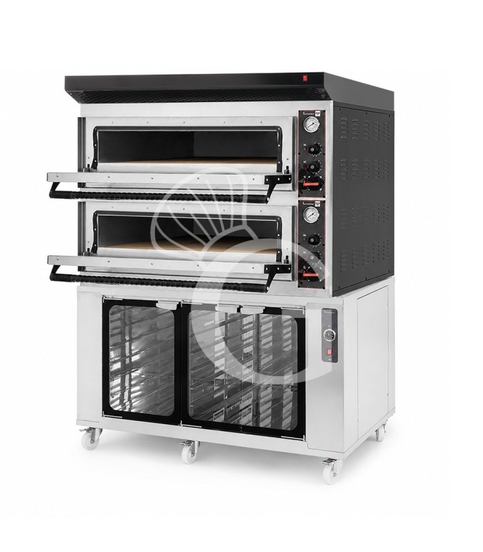 Forno pizza elettrico meccanico 6 + 6 pizze Ø 350 mm - 18 KW, cappa nera e cella di lievitazione inox