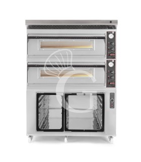 Forno pizza elettrico meccanico 6 + 6 pizze Ø 350 mm - 18 KW, cappa inox e cella di lievitazione inox