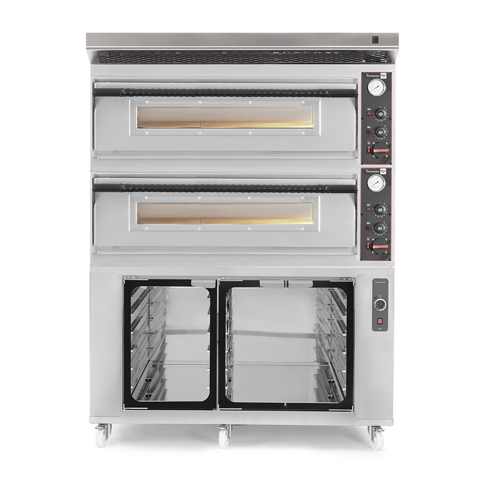 Forno pizza elettrico meccanico 6 + 6 pizze Ø 350 mm - 18 KW, cappa inox e cella di lievitazione inox