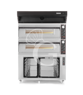 Forno pizza elettrico meccanico 6 + 6 pizze Ø 350 mm - 18 KW, cappa a condensazione nera e cella di lievitazione inox