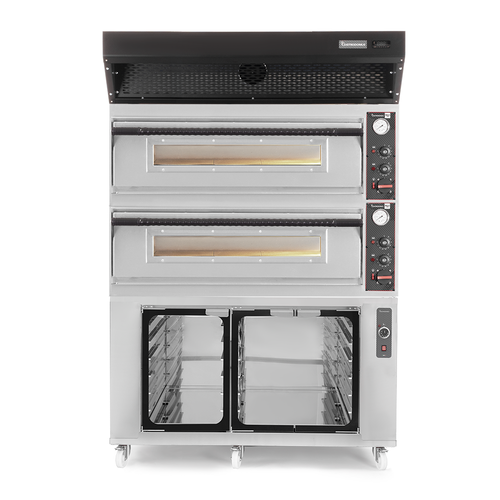 Forno pizza elettrico meccanico 6 + 6 pizze Ø 350 mm - 18 KW, cappa a condensazione nera e cella di lievitazione inox