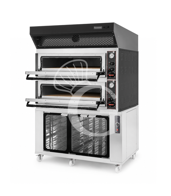 Forno pizza elettrico meccanico 6 + 6 pizze Ø 350 mm - 18 KW, cappa a condensazione nera e cella di lievitazione inox