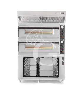 Forno pizza elettrico meccanico 6 + 6 pizze Ø 350 mm - 18 KW, cappa a condensazione inox e cella di lievitazione inox