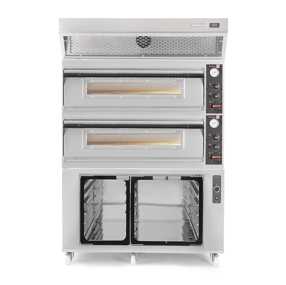 Forno pizza elettrico meccanico 6 + 6 pizze Ø 350 mm - 18 KW, cappa a condensazione inox e cella di lievitazione inox