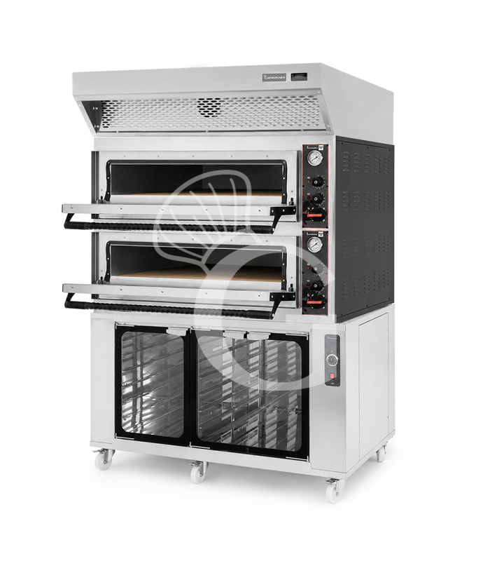Forno pizza elettrico meccanico 6 + 6 pizze Ø 350 mm - 18 KW, cappa a condensazione inox e cella di lievitazione inox