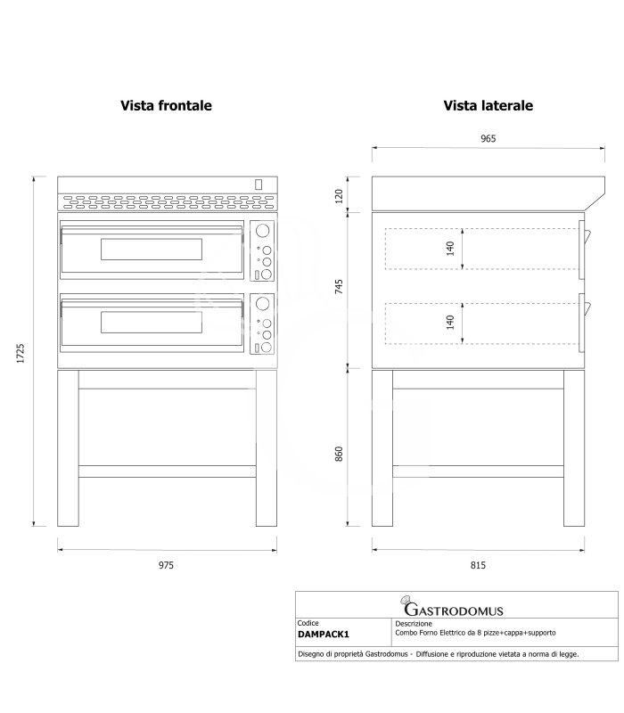 Forno pizza elettrico meccanico 4 + 4 pizze Ø 320 mm - 9,4 KW, cappa nera e supporto