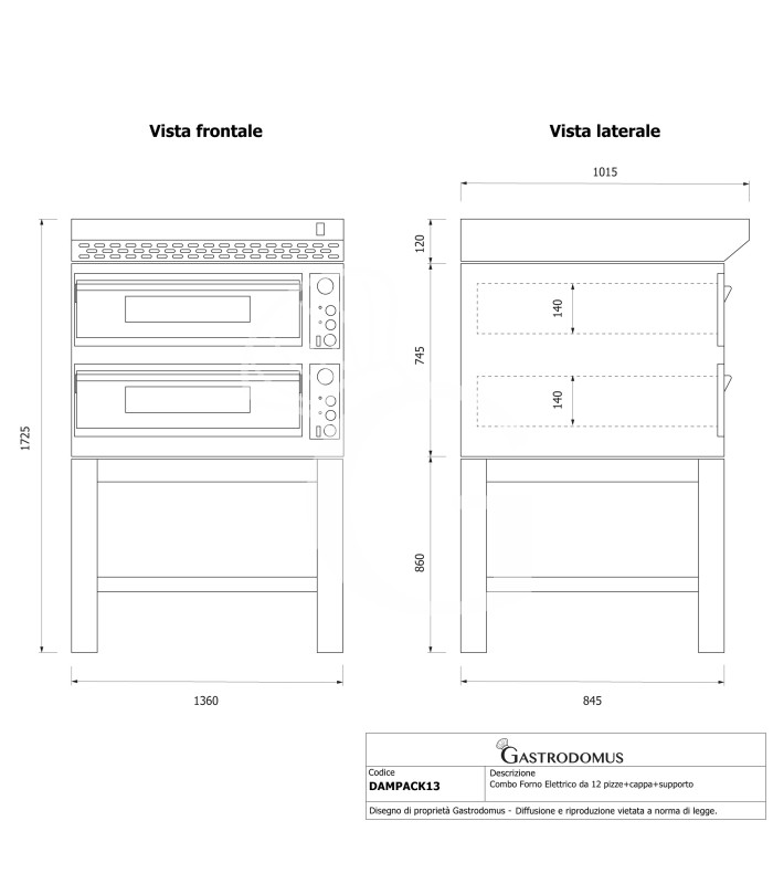 Forno pizza elettrico meccanico 6 + 6 pizze Ø 350 mm - 18 KW, cappa nera e supporto