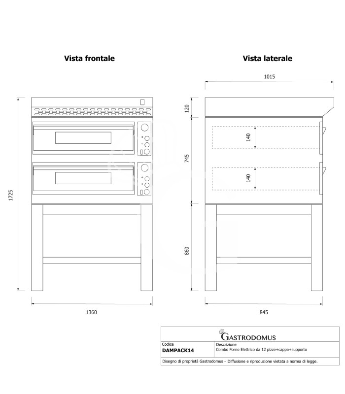 Forno pizza elettrico meccanico 6 + 6 pizze Ø 350 mm - 18 KW, cappa inox e supporto