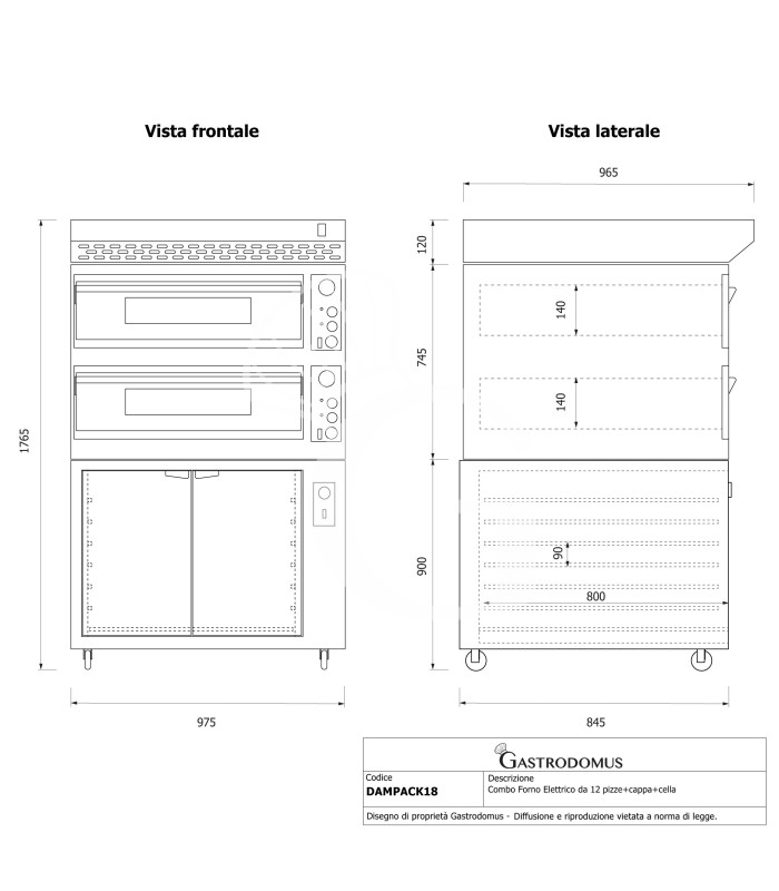 Forno pizza elettrico meccanico 6 + 6 pizze Ø 350 mm - 18 KW, cappa inox e cella di lievitazione nera