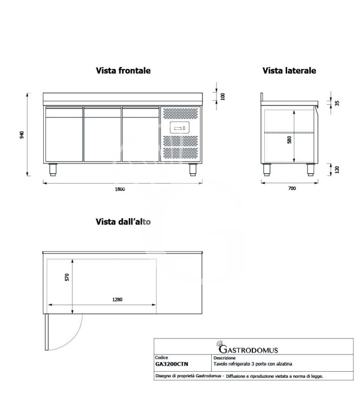 Tavolo Refrigerato 3 porte con alzatina 0°C/+8°C classe energetica A Profondità 700 mm